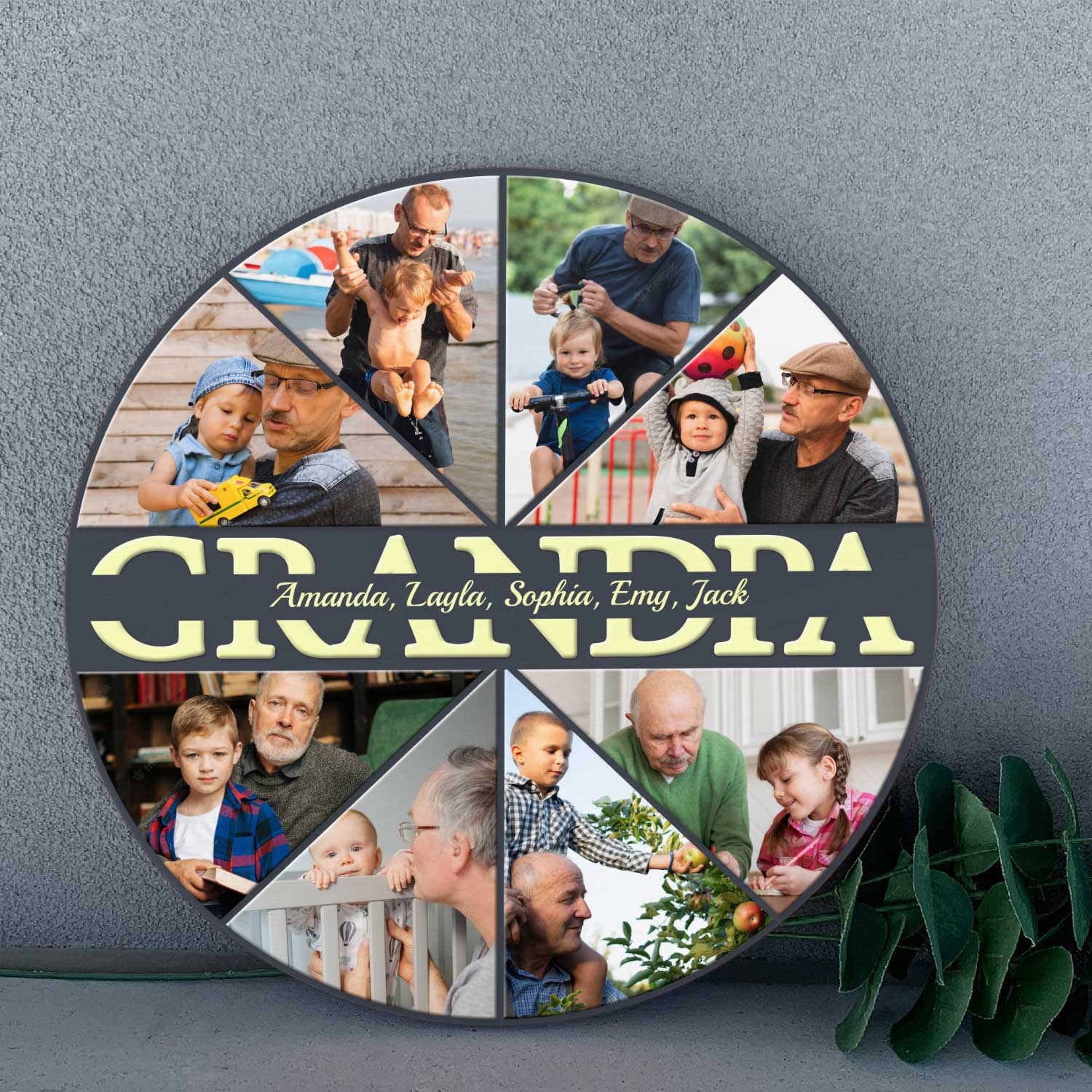 Grandpa, Custom Photo Collage, Personalized Name, Round Wood Sign