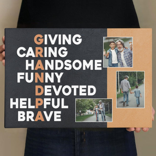 Grandpa, Giving, Caring, Handsome, Funny, Devoted, Helpful, Brave, Custom Photo, Custom Text Canvas Wall Art