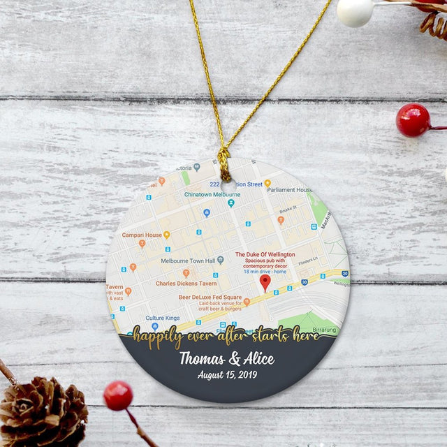 Happily Ever After Starts Here Custom Anniversary Gift For Couples Personalized Map Decorative Christmas Circle Ornament 2 Sided