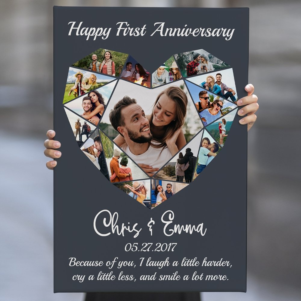 Happy First Anniversary Heart Photo Collage Navy Vintage Background Canvas