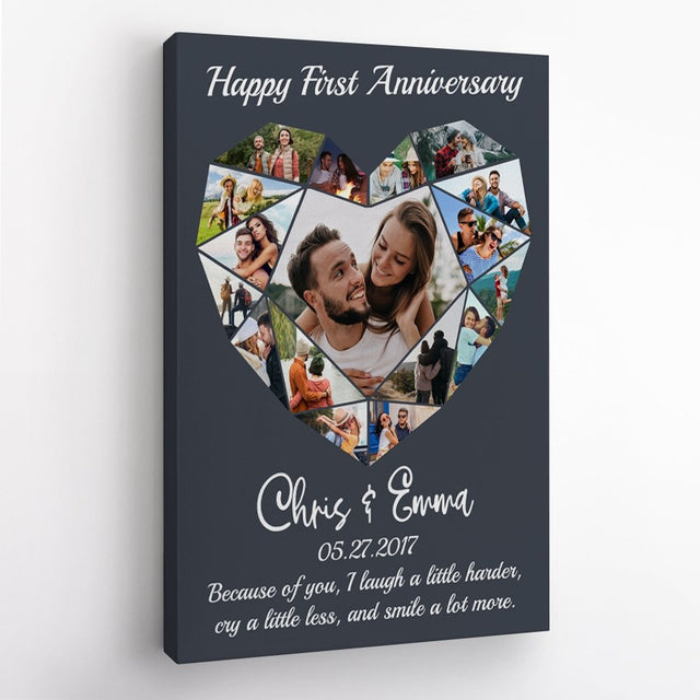 Happy First Anniversary Heart Photo Collage Navy Vintage Background Canvas