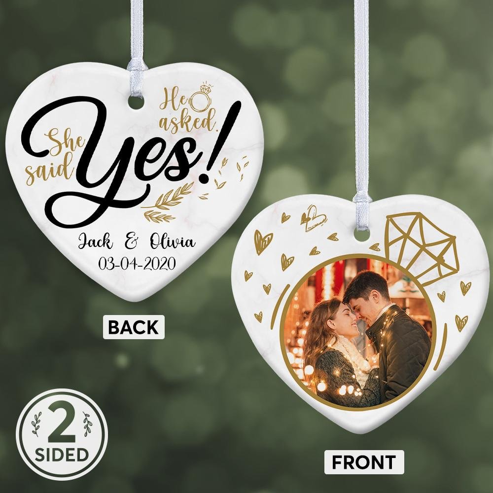 He Asked, She Said Yes Custom Photo And Text Decorative Christmas Heart Ornament 2 Sided