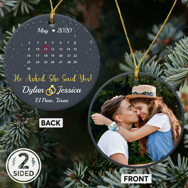 He Asked, She Said Yes! Custom Photo, Date And Text Anniversary Gift Navy Background Decorative Christmas Circle Ornament 2 Sided