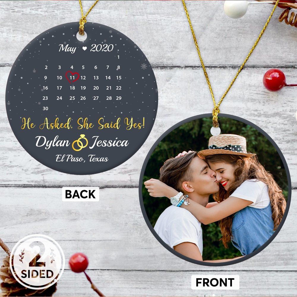He Asked, She Said Yes! Custom Photo, Date And Text Anniversary Gift Navy Background Decorative Christmas Circle Ornament 2 Sided