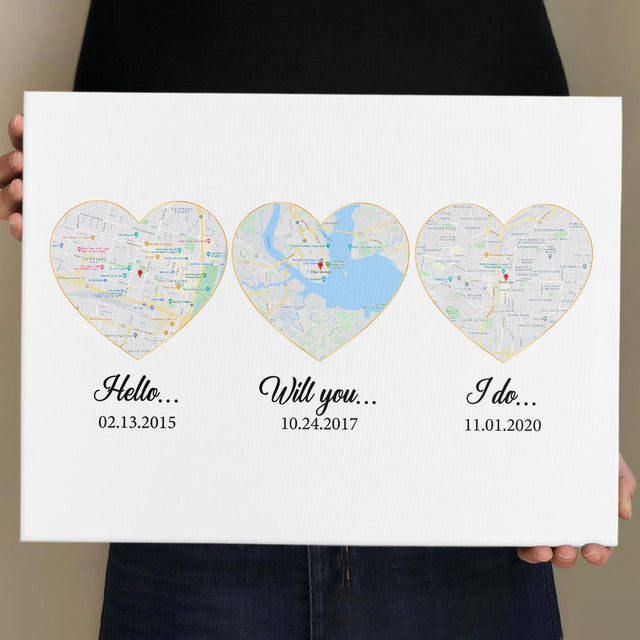 Hello - Will You - I Do Custom Map And Text Heart Art White Background