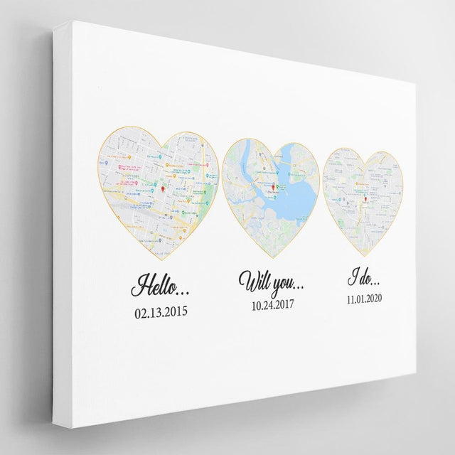 Hello - Will You - I Do Custom Map And Text Heart Art White Background