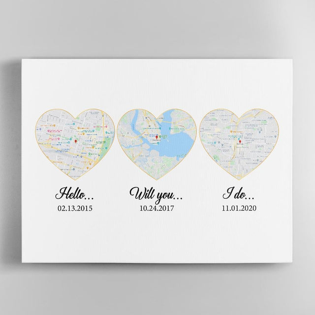 Hello - Will You - I Do Custom Map And Text Heart Art White Background