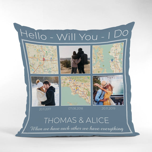Hello, Will You, I Do Custom Map Print And Photo Collage 2 In 1, Personalized Text Pillow
