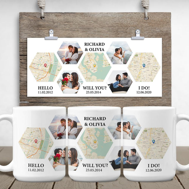 Hello, Will You, I Do Custom Map Print And Photo Collage, Personalized Text White Mug