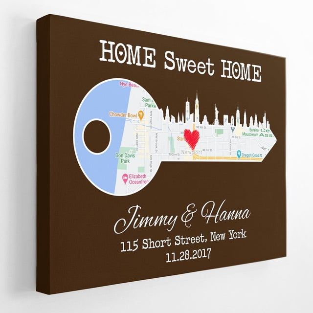 Home Sweet Home Custom Map And Text Brown Background Canvas MAP33