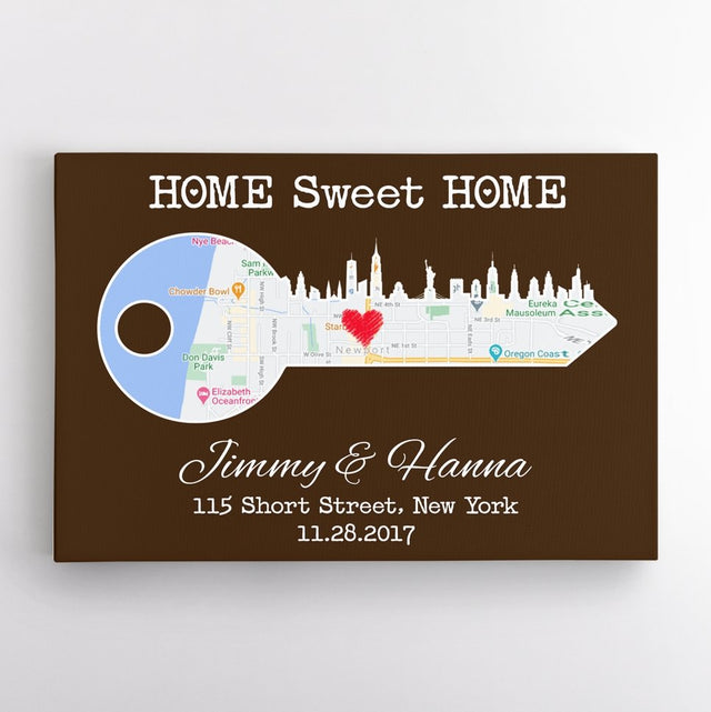 Home Sweet Home Custom Map And Text Brown Background Canvas MAP33