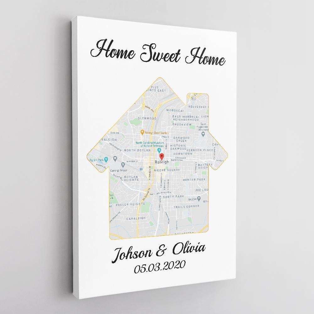 Home Sweet Home Custom Map And Text White Background Canvas
