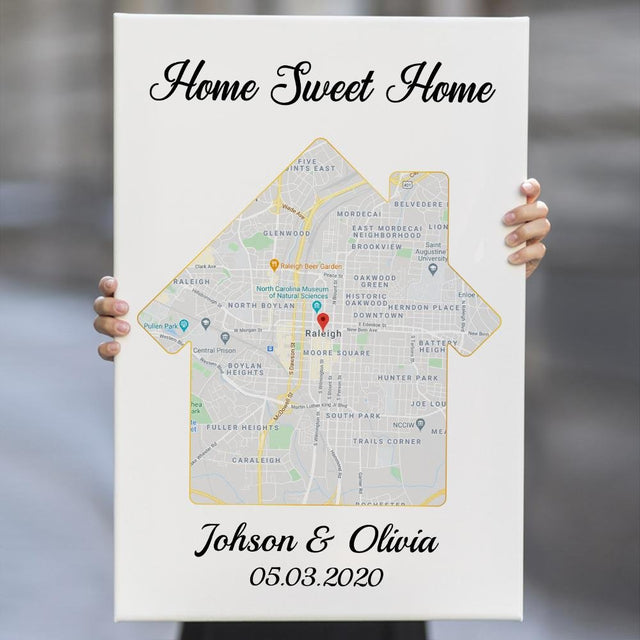 Home Sweet Home Custom Map And Text White Background Canvas