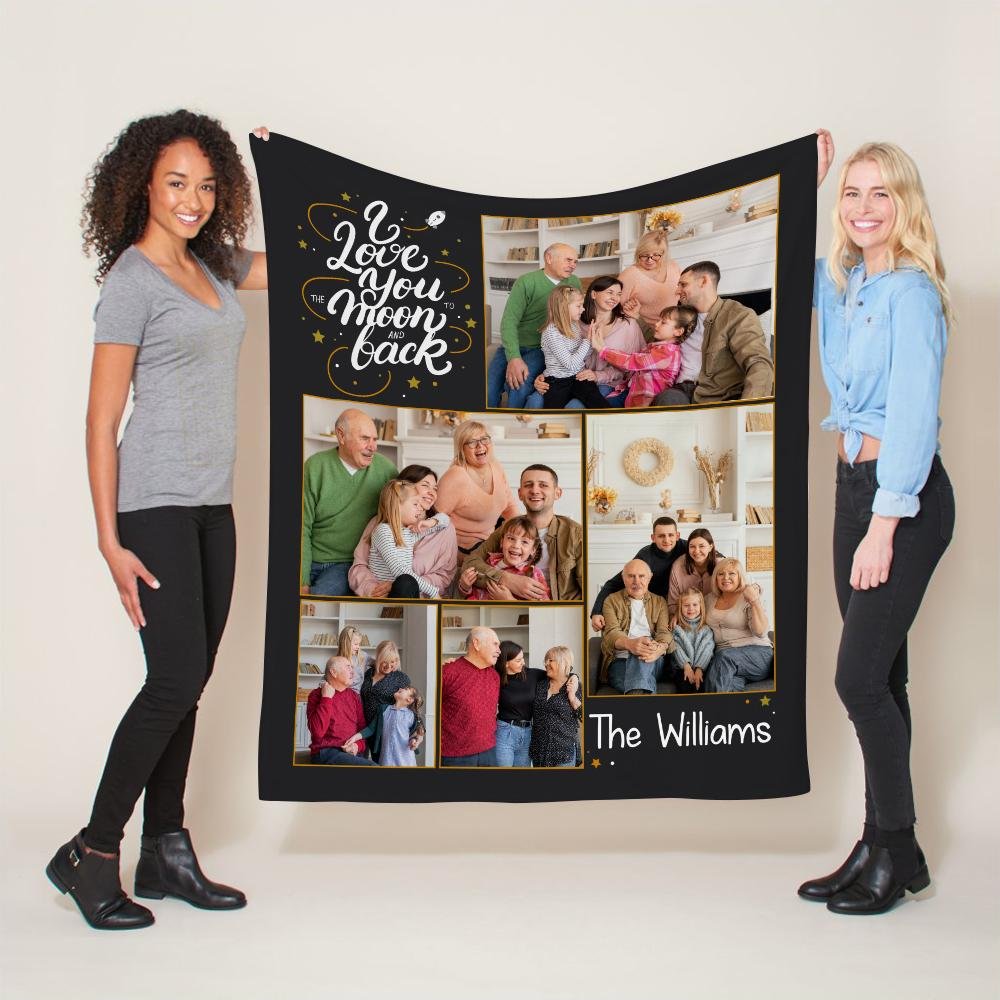 I Love To The Moon And Back, Custom Photo Collage, Personalized Family Name Blanket