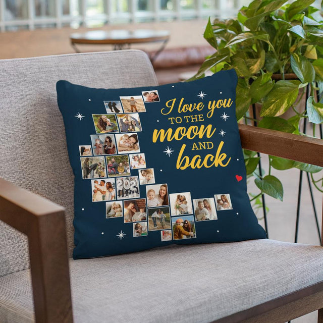 I Love You To The Moon And Back, Custom Photo Collage, 24 Pictures, Personalized Name Pillow