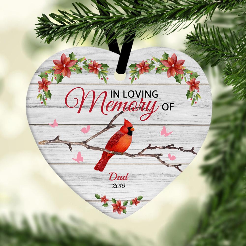In Loving Memory Of Memorial Cardinal Decorative Christmas Heart Ornament 2 Sided