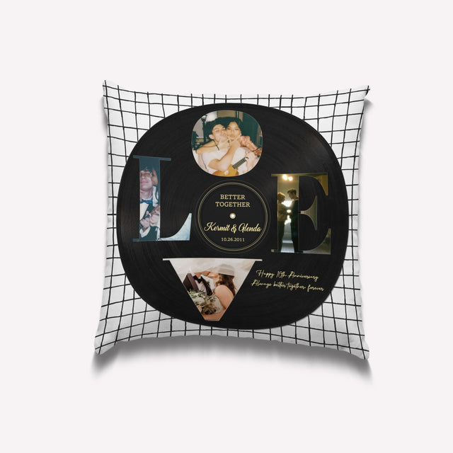 Love, Custom Photo Collage, 4 Photos, Personalized Name And Text, Vinyl Record, Pillow