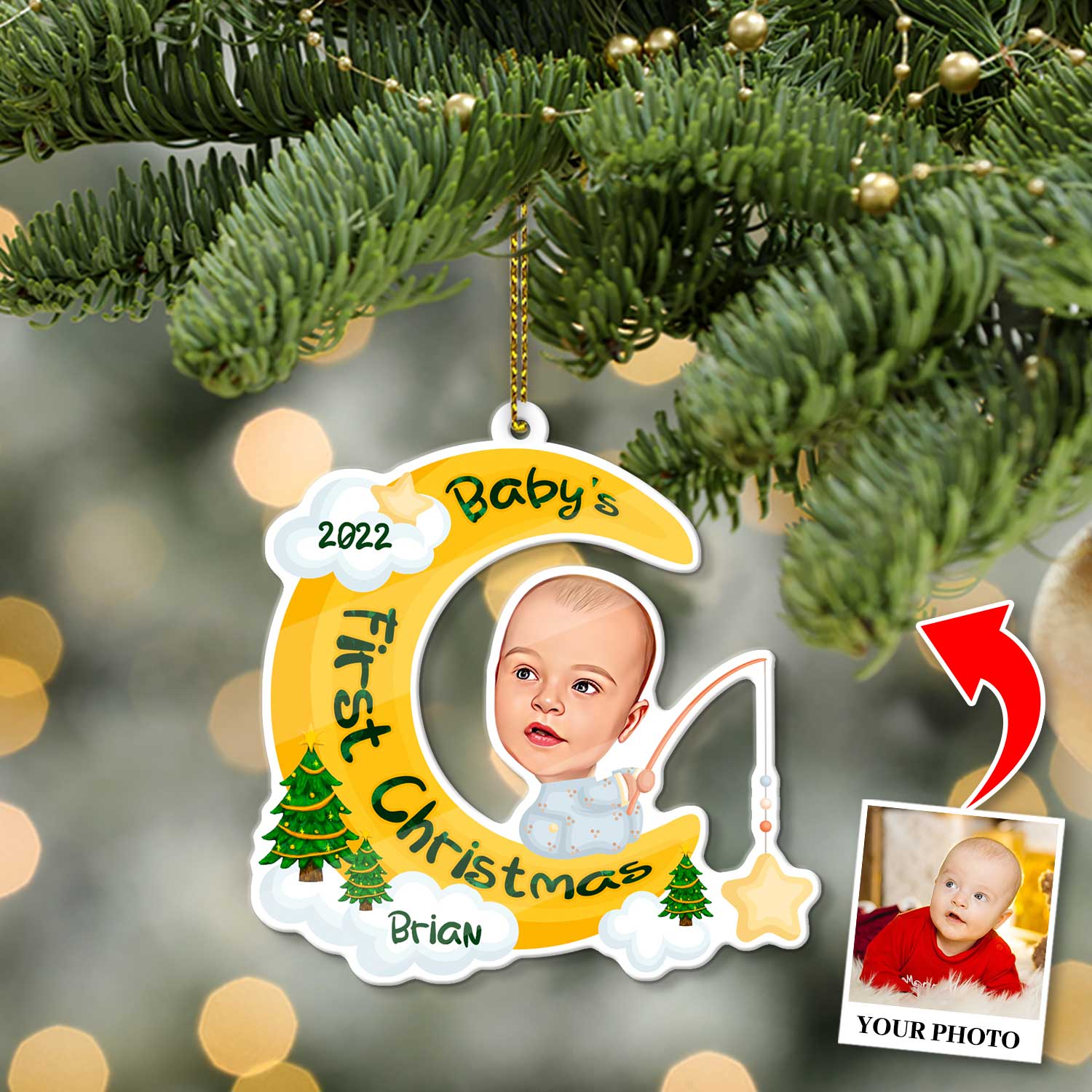 Personalized Name And Photo, Ornament For Baby, Baby's First Christmas, Baby Moon, Christmas Shape Ornament 2 Sides