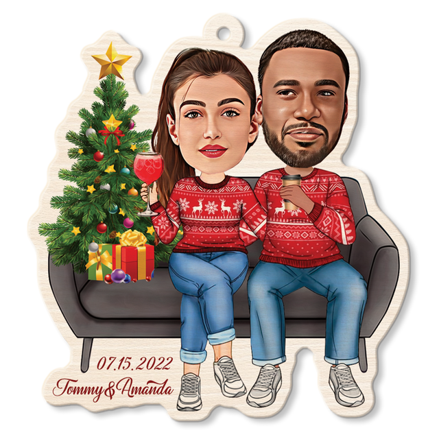 Face From Photo, Gift For Couple, Christmas Couch, Shape Ornament 2 Sides