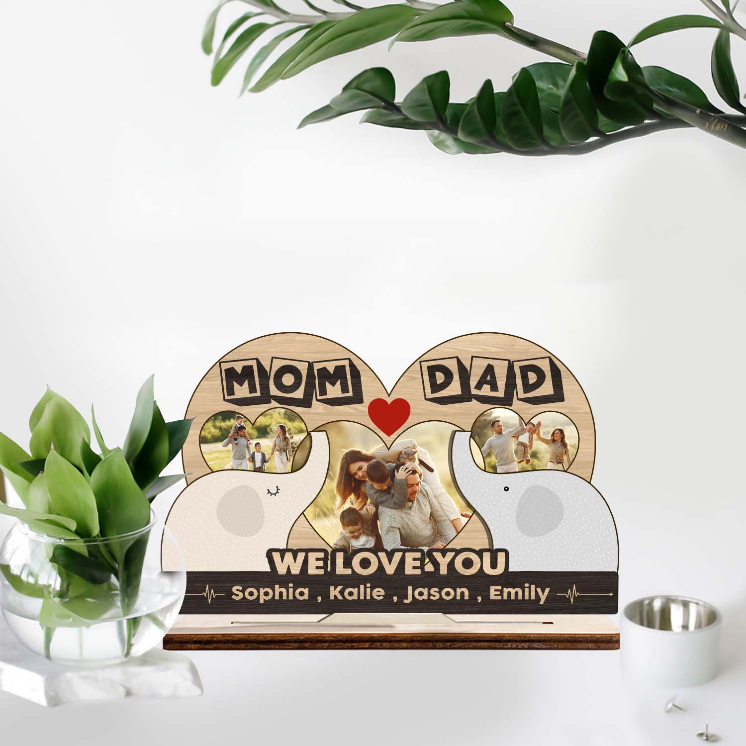 Mom And Dad, We Love You, Elephant Family, Custom Photo, Wooden Plaque 3 Layers