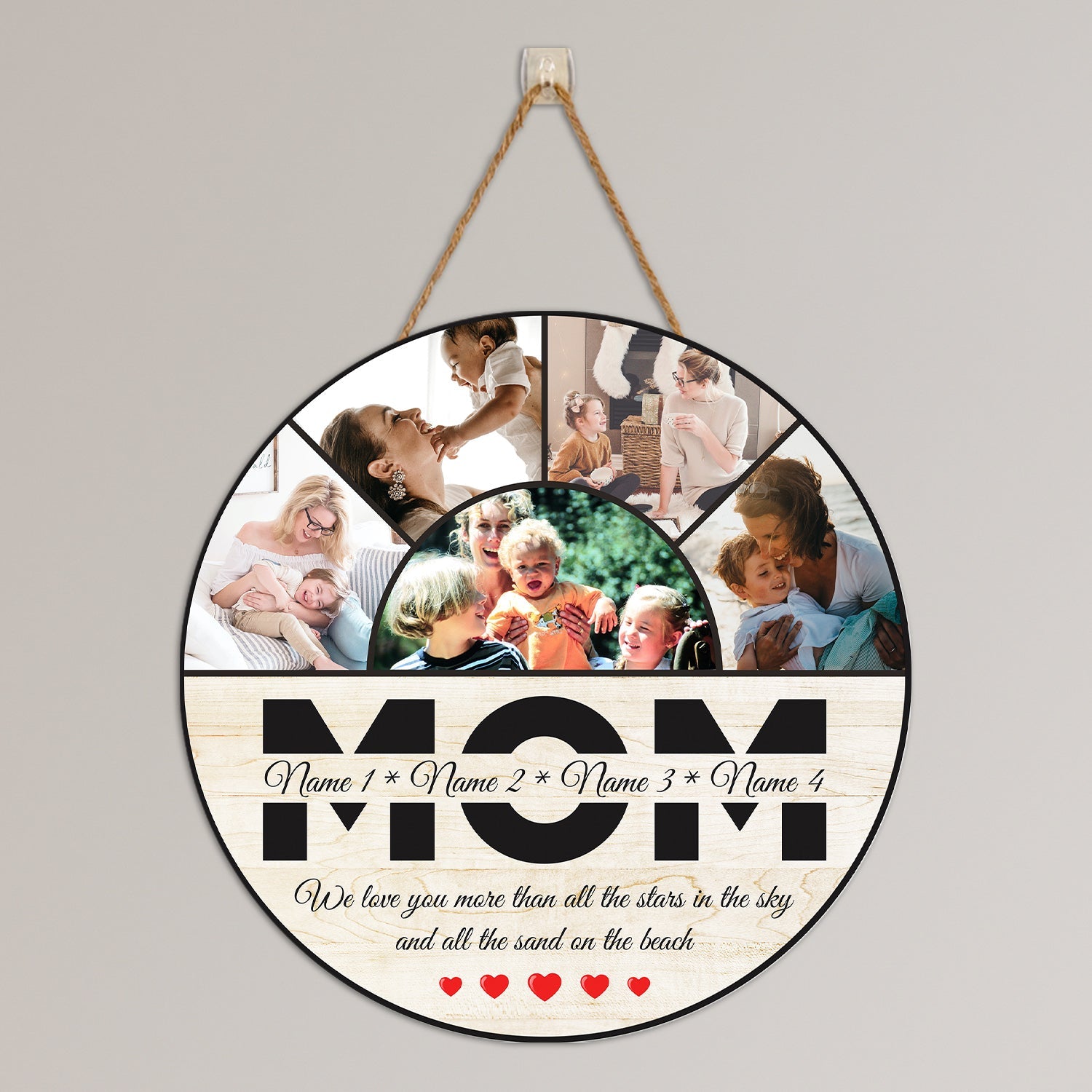 Mom Custom Photo, 5 Pictures, Personalized Name And Text, Round Wood Sign