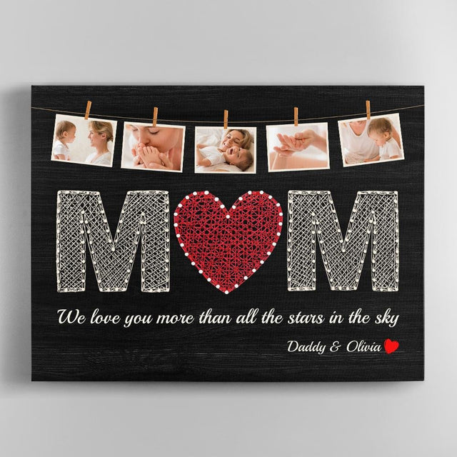 Mom Custom Photo Collage, 5 Pictures, Personalized Name And Text Black Background Canvas Wall Art