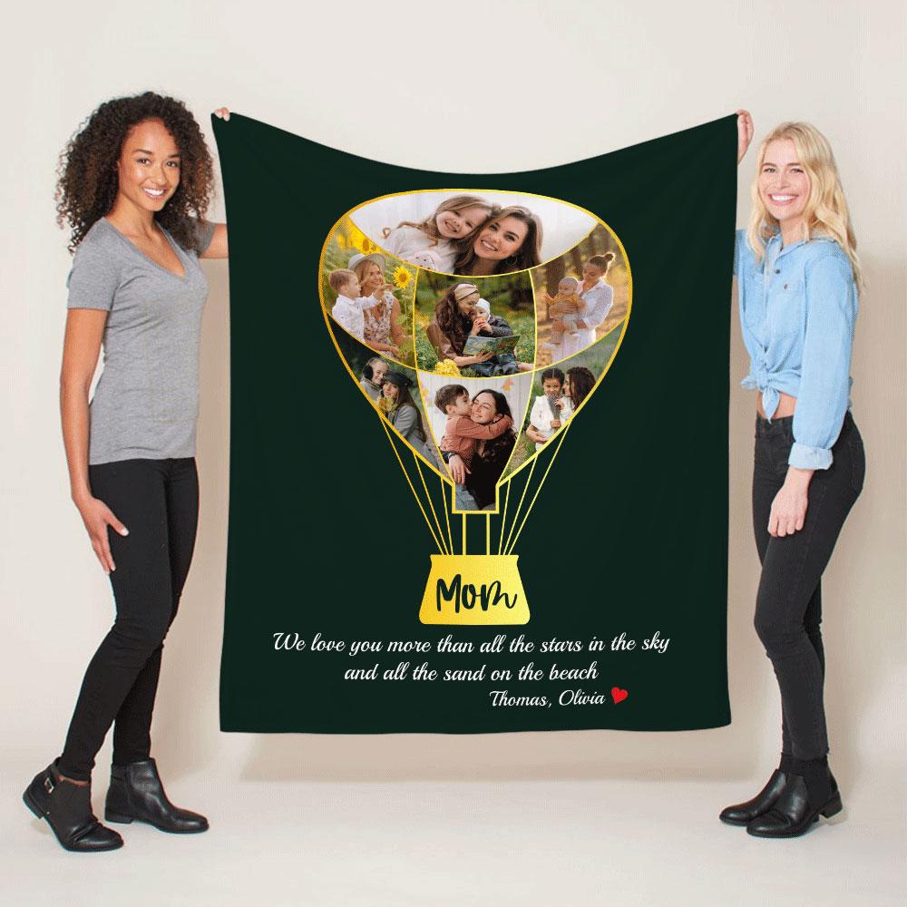 Mom Custom Photo Collage, Hot Air Balloon, Personalized Name And Text Blanket