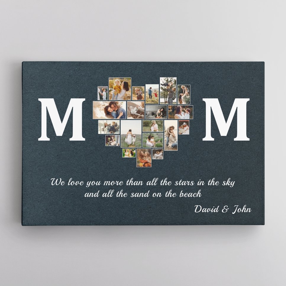 Mom, Custom Photo, Heart Shape, 20 Pictures, Personalized Name And Text Canvas Wall Art