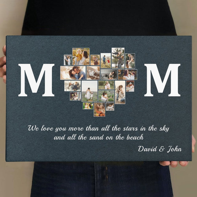 Mom, Custom Photo, Heart Shape, 20 Pictures, Personalized Name And Text Canvas Wall Art