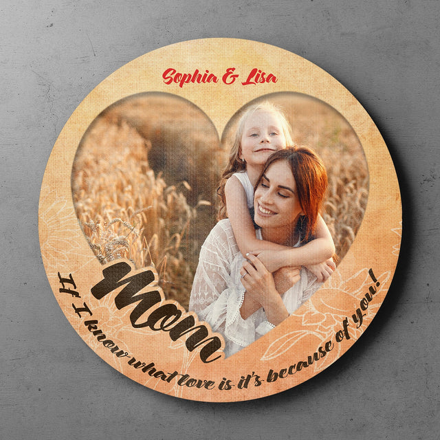 Mom, Custom Photo, Heart Shape, Personalized Name, Round Wood Sign