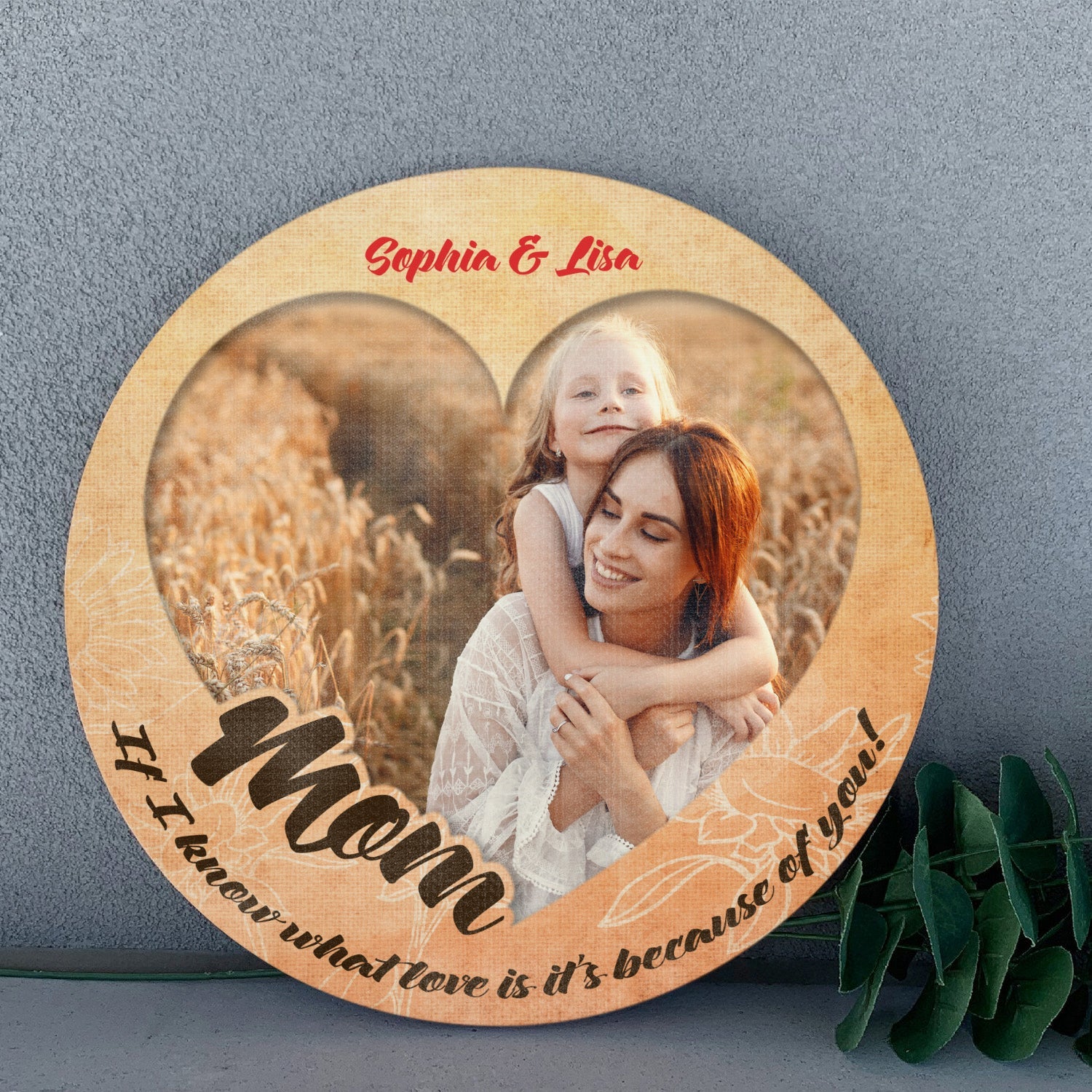 Mom, Custom Photo, Heart Shape, Personalized Name, Round Wood Sign