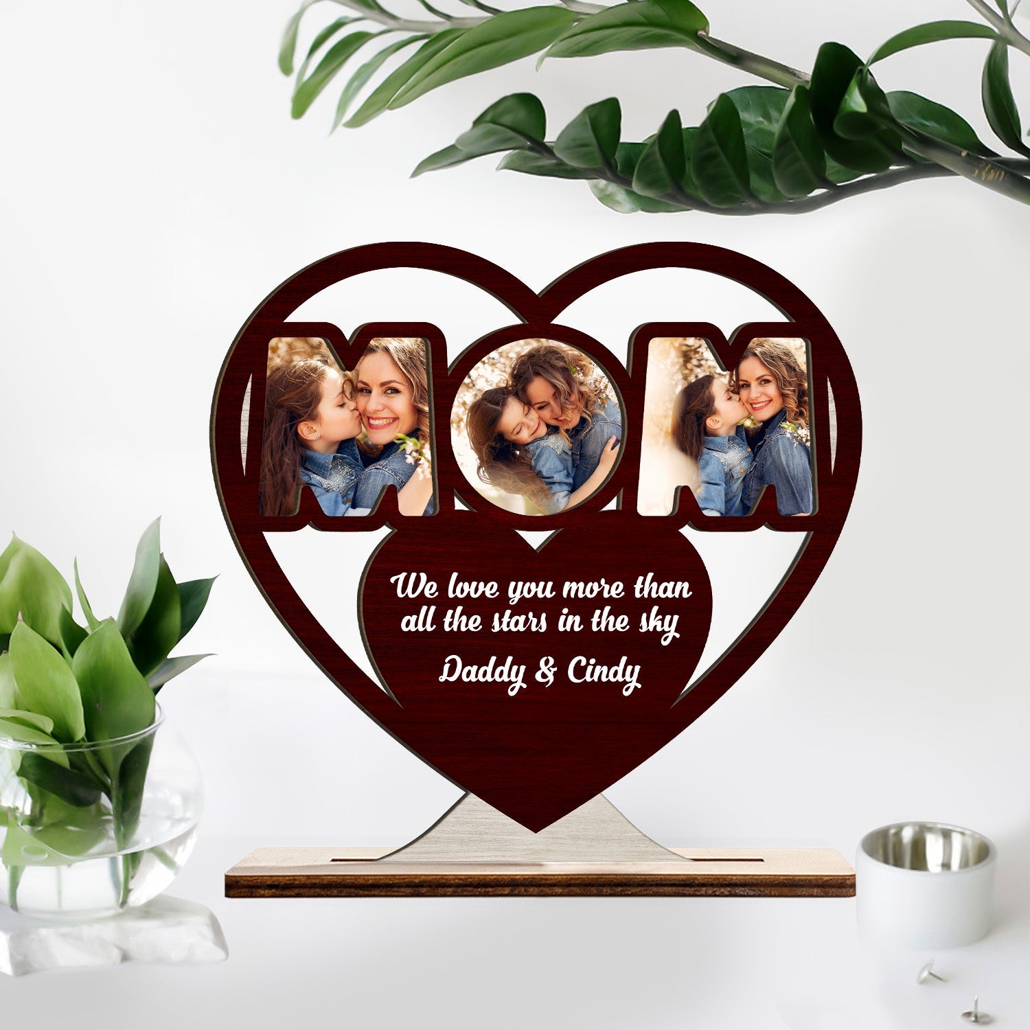 Mom, Custom Photo On Text, Heart Shape, Wooden Plaque 3 Layers