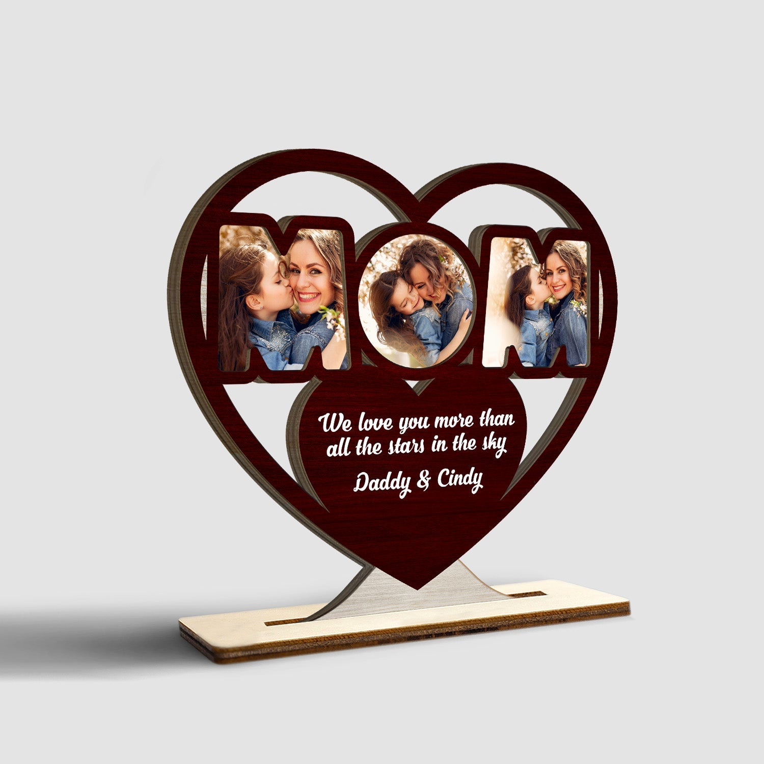 Mom, Custom Photo On Text, Heart Shape, Wooden Plaque 3 Layers