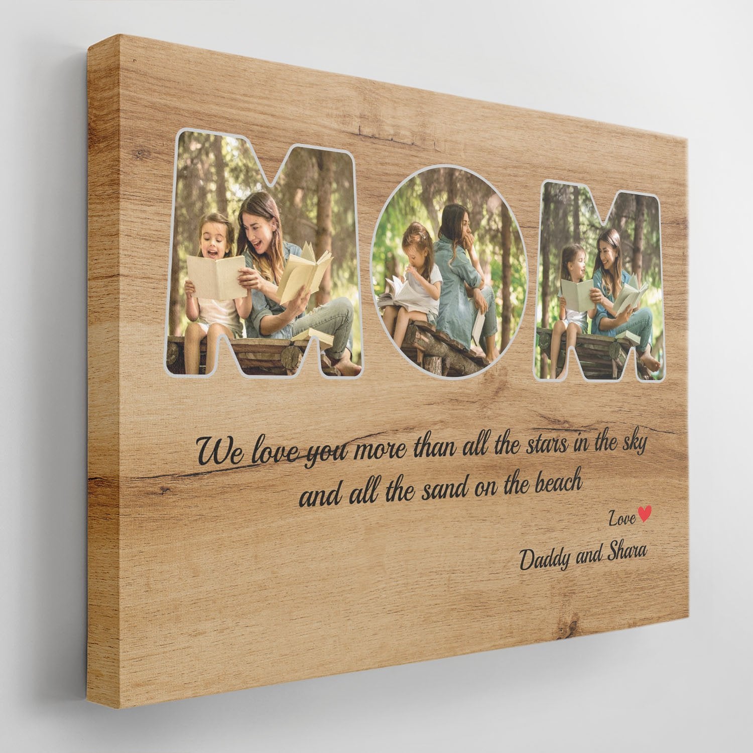 Mom Custom Upload Photo, Personalized Name And Text Wood Background Canvas Wall Art