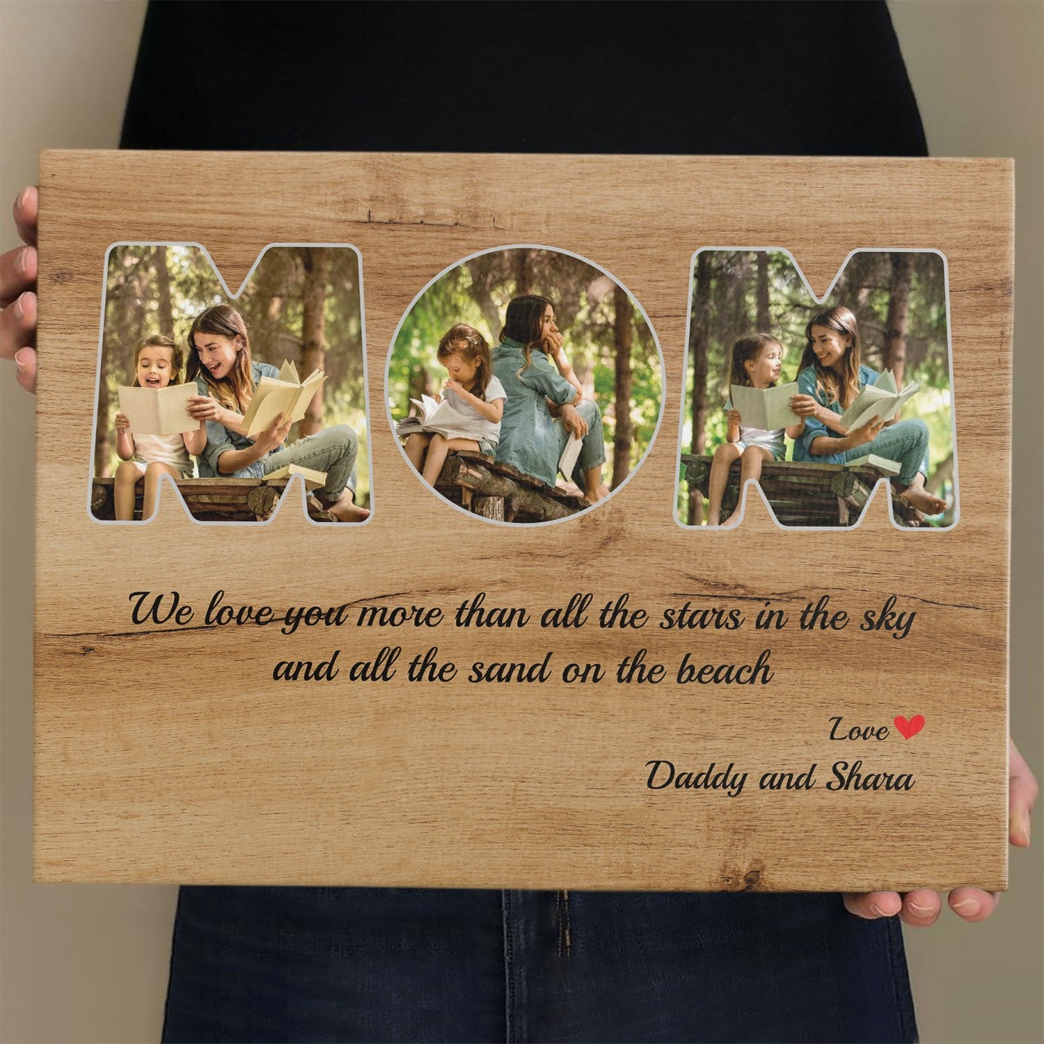 Mom Custom Upload Photo, Personalized Name And Text Wood Background Canvas Wall Art