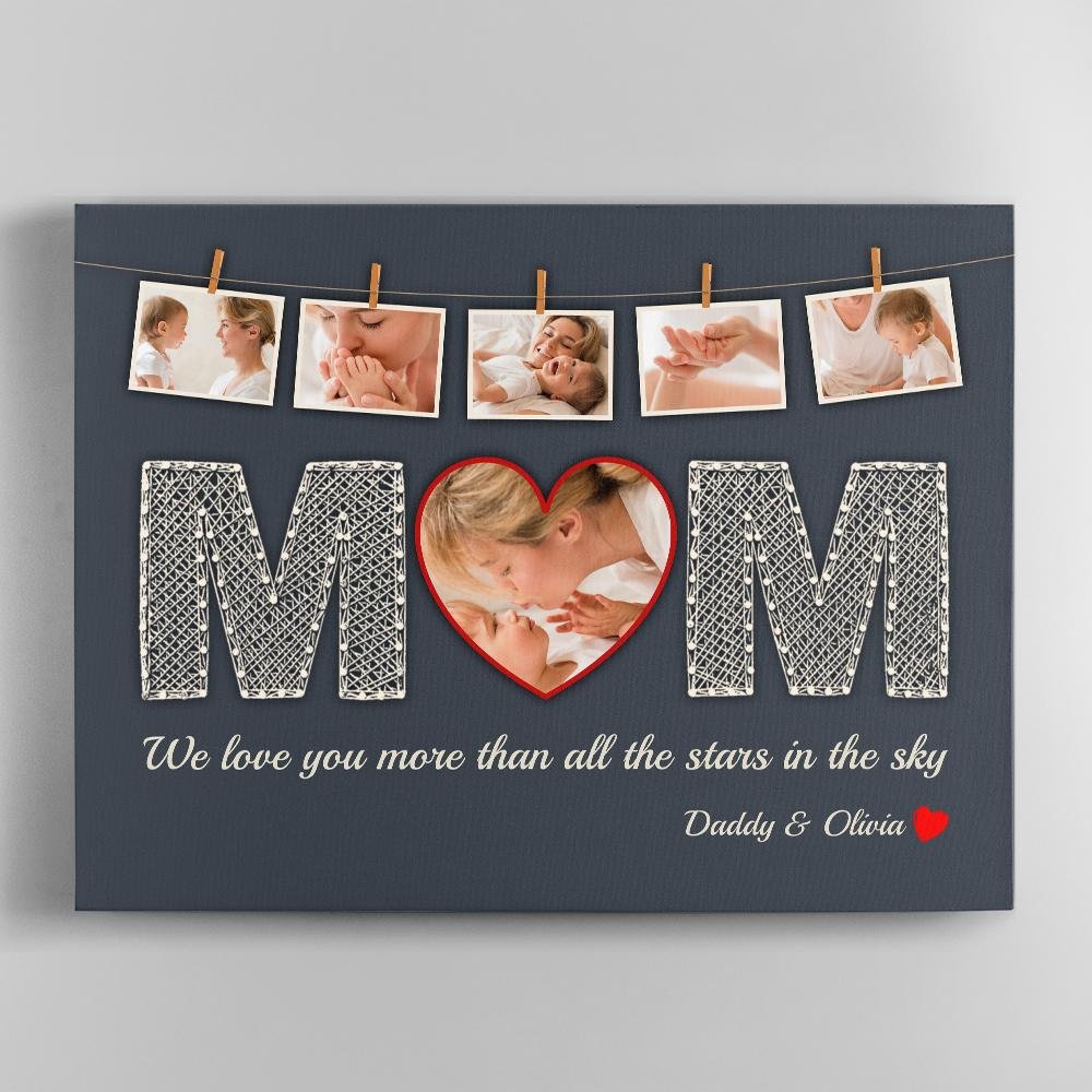 Mom Custom Upload Photo, Personalized Text Navy Background Canvas Wall Art