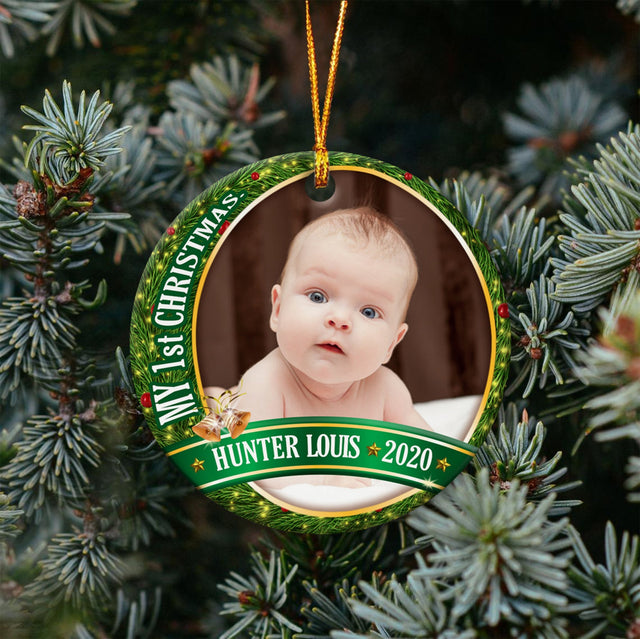 My 1st Christmas Custom Upload Photo And Text Decorative Christmas Circle Ornament 2 Sided