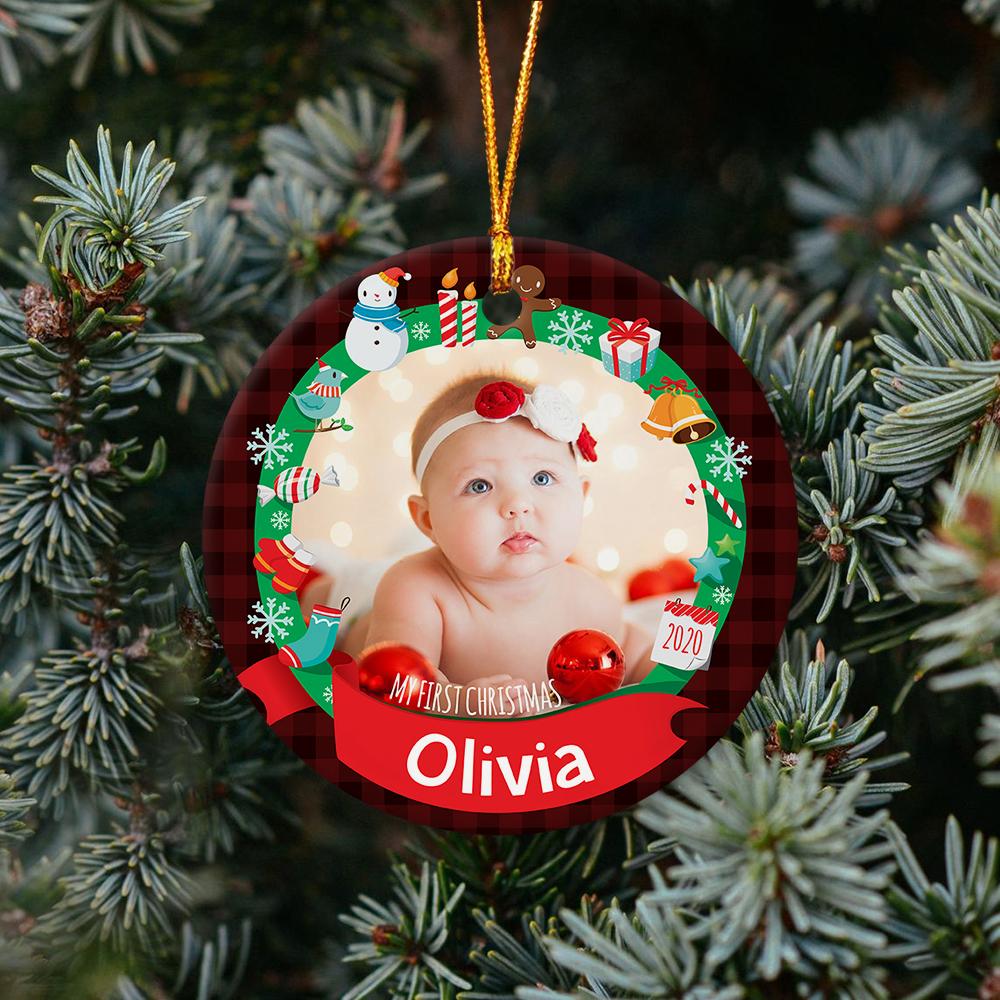 My First Christmas Custom Upload Photo Red Background Decorative Christmas Circle Ornament 2 Sided