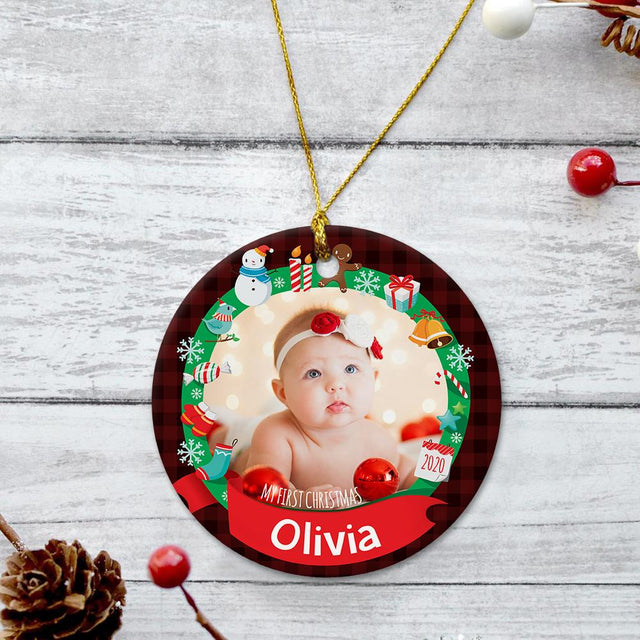 My First Christmas Custom Upload Photo Red Background Decorative Christmas Circle Ornament 2 Sided