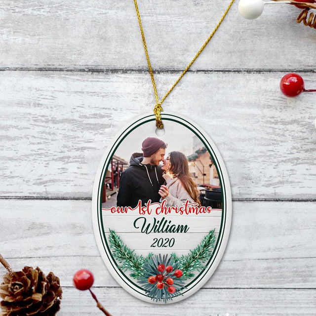 Our 1st Christmas 2020 Custom Photo And Text Decorative Christmas Oval Ornament 2 Sided