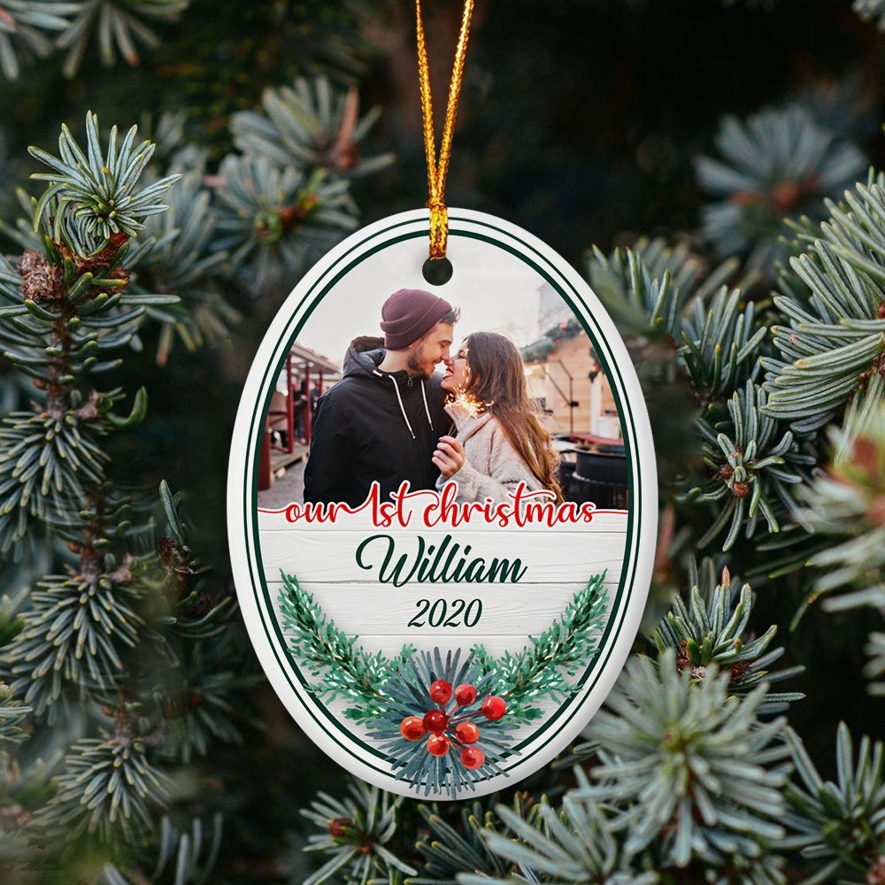 Our 1st Christmas 2020 Custom Photo And Text Decorative Christmas Oval Ornament 2 Sided