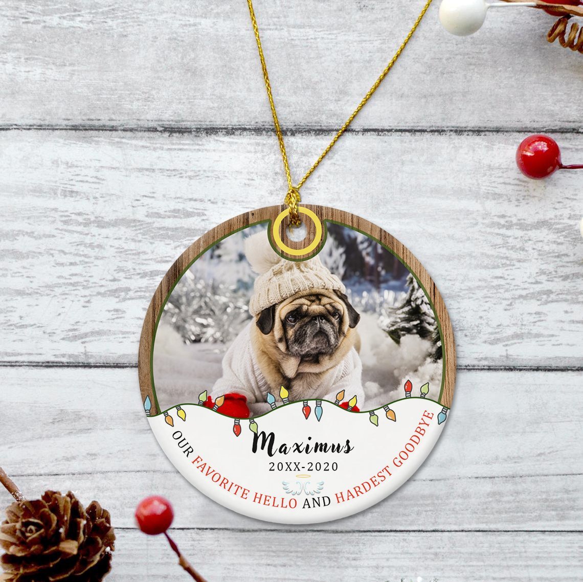 Our Favorite Hello And Hardest Goodbye Custom Photo And Text Decorative Christmas Circle Ornament 2 Sided
