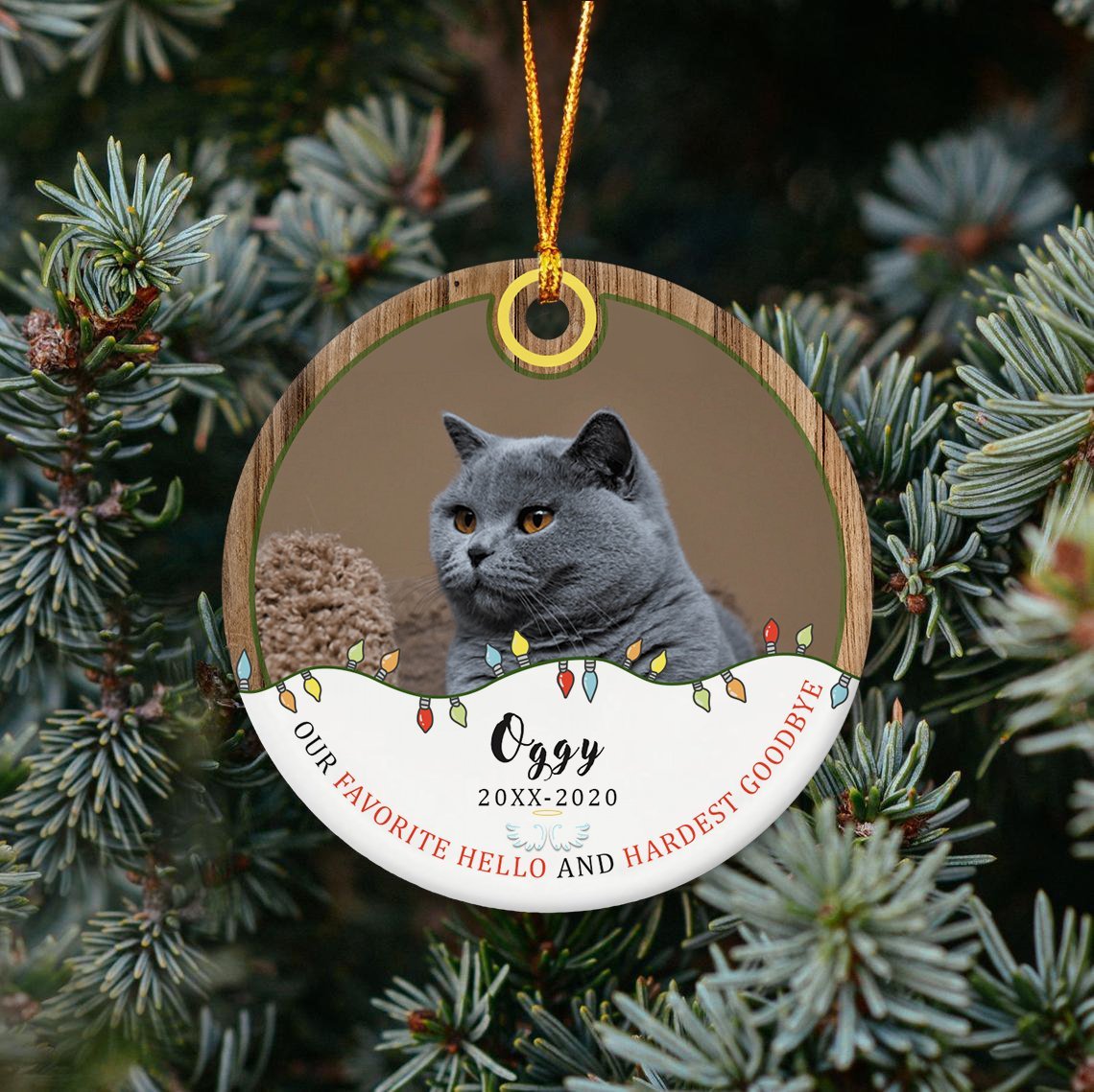 Our Favorite Hello And Hardest Goodbye Custom Photo And Text For Cat Lover Decorative Christmas Circle Ornament 2 Sided