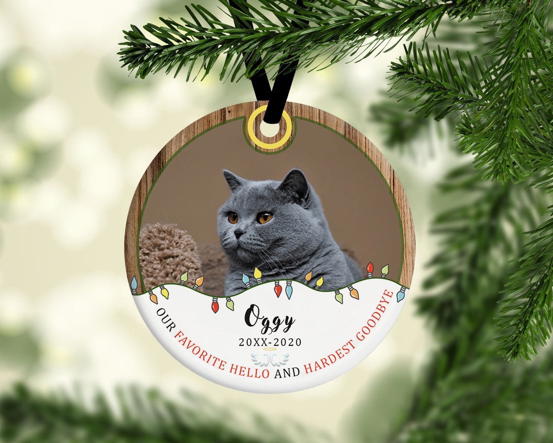 Our Favorite Hello And Hardest Goodbye Custom Photo And Text For Cat Lover Decorative Christmas Circle Ornament 2 Sided