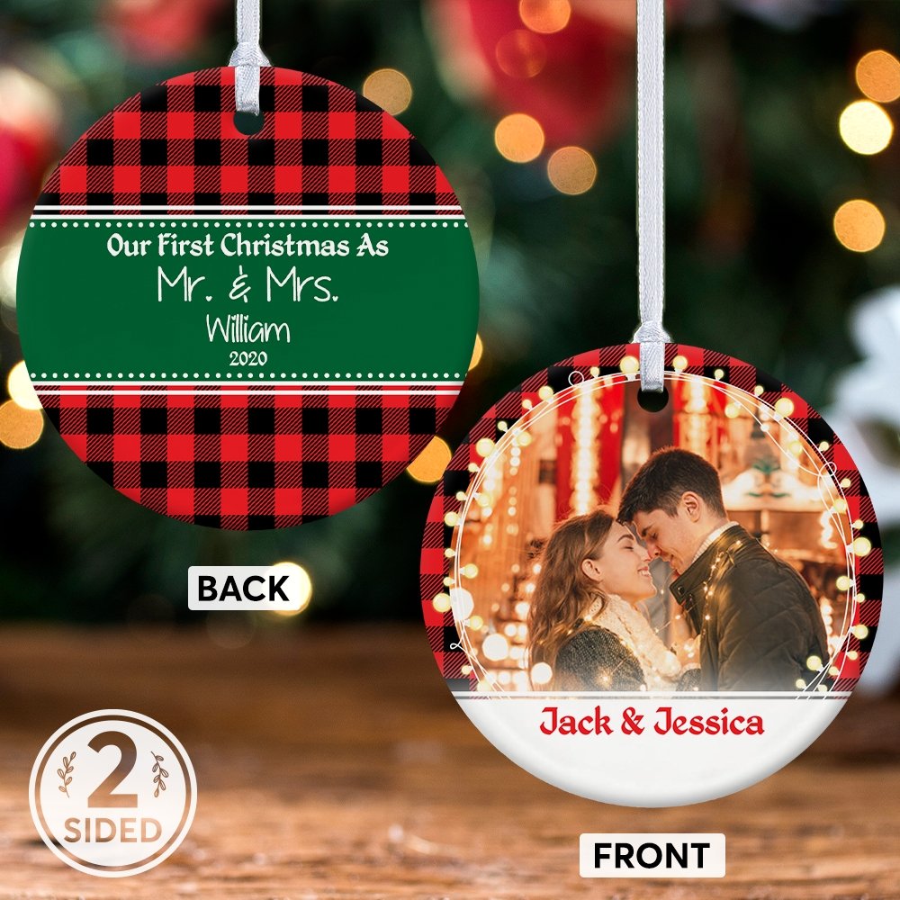 Our First Christmas As Mr & Mrs 2020 Custom Photo And Text Decorative Christmas Circle Ornament 2 Sided