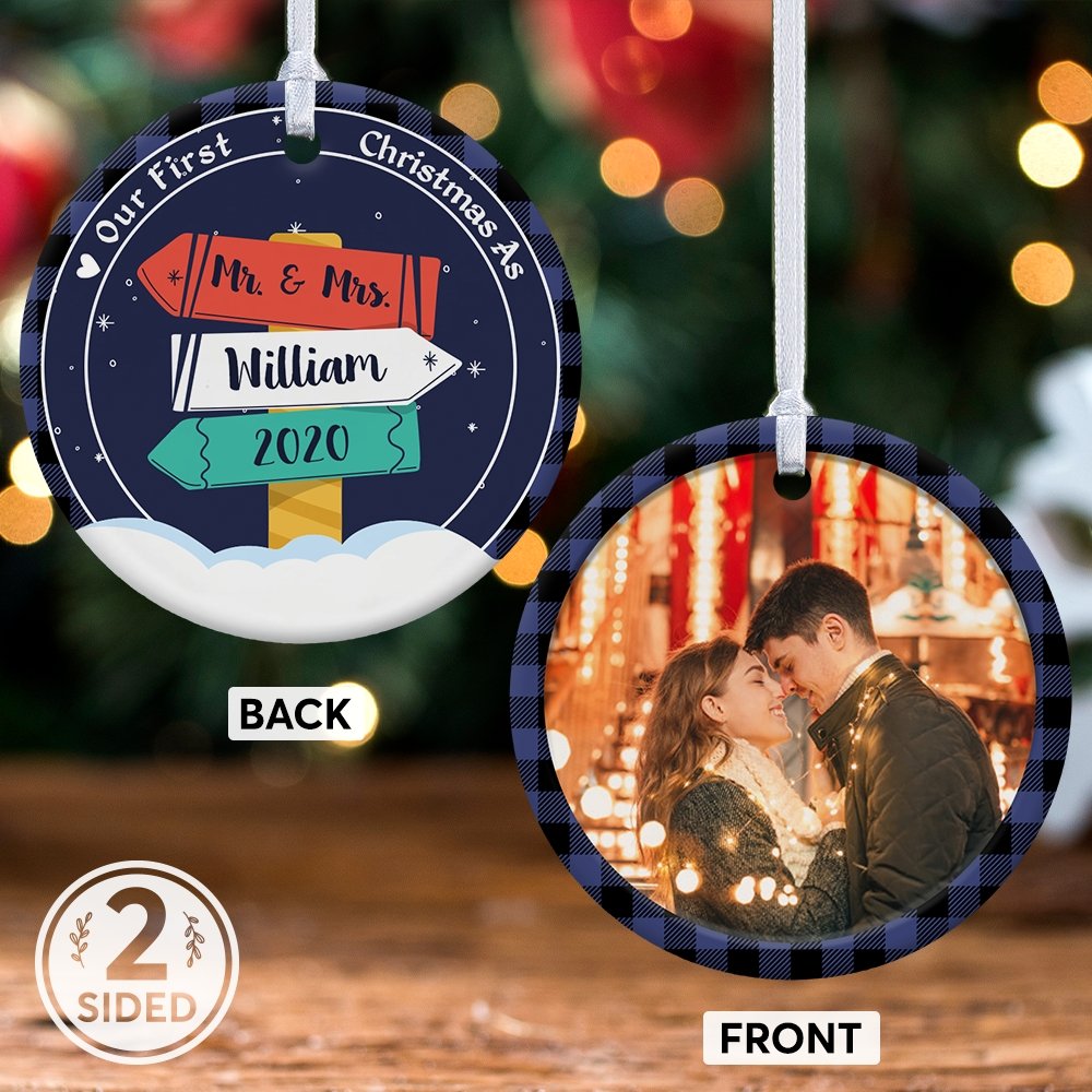 Our First Christmas As Mr & Mrs 2020 Custom Photo And Text Street Sign Decorative Christmas Circle Ornament 2 Sided