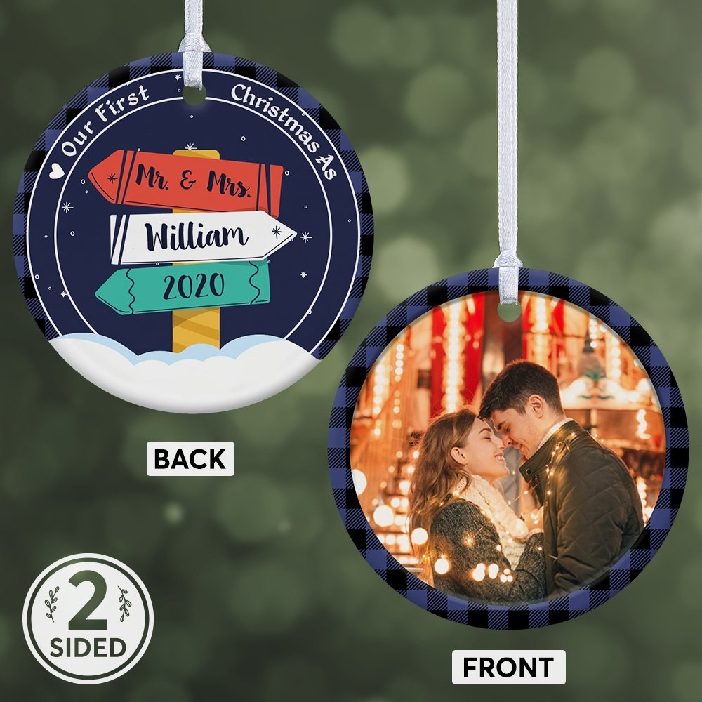 Our First Christmas As Mr & Mrs 2020 Custom Photo And Text Street Sign Decorative Christmas Circle Ornament 2 Sided