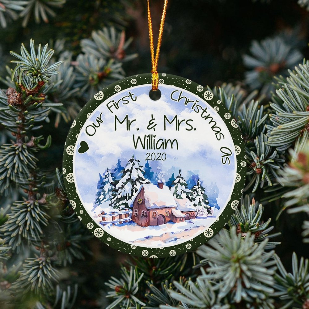 Our First Christmas As Mr & Mrs 2020 Custom Text Decorative Christmas Circle Ornament 2 Sided