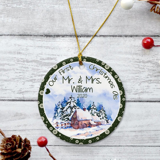 Our First Christmas As Mr & Mrs 2020 Custom Text Decorative Christmas Circle Ornament 2 Sided