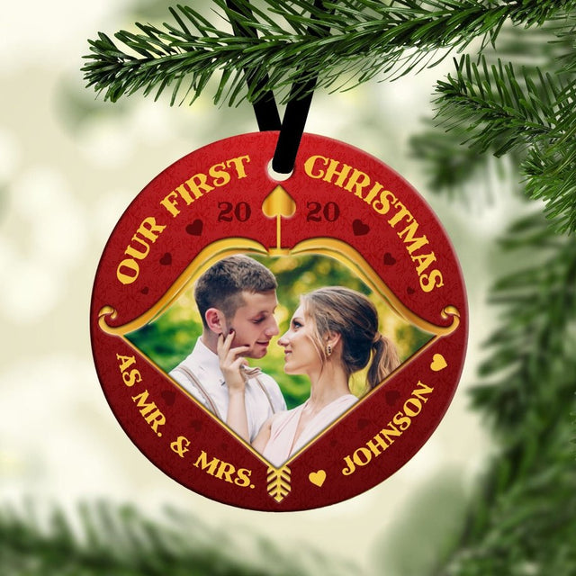 Our First Christmas As Mr & Mrs 2020 Custom Upload Photo And Text Decorative Christmas Circle Ornament 2 Sided